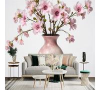 Custom Size Wall Sticker Mural， Pink Cherry Blossoms in Ceramic Vase， Floral Art Design， for wall Decoration， peelandstick wall Decals.