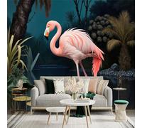 Custom Size Wall Sticker Mural，Pink Flamingo Standing in Water Tropical Forest，Removable SelfAdhesive Wall Fabric Large Photo Wallpaper for Living Room Bedroom