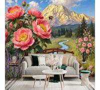 Custom Size Wall Sticker Mural，Pink Peony Flower Lavender Mountain River Bee，Removable SelfAdhesive Wall Fabric Large Photo Wallpaper for Living Room Bedroom