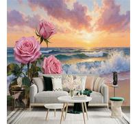 Custom Size Wall Sticker Mural， Pink Roses on Tropical Beach， Ocean Waves at Sunset， Coastal Landscape， Romantic Floral Seascape， for wall Decoration， peelandstick wall Decals.
