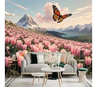 Custom Size Wall Sticker Mural，Pink Tulip Field Mountain Lake Butterfly Sky，Removable SelfAdhesive Wall Fabric Large Photo Wallpaper for Living Room Bedroom