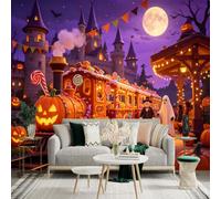 Custom Size Wall Sticker Mural， Pumpkin Train with Sweets and Ghost， Festive Holiday Castle Scene， for wall Decoration， peelandstick wall Decals.