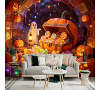 Custom Size Wall Sticker Mural， Pumpkin Treasure Chest， Colorful Candies， Glowing Lantern Ghost， Festive Holiday Decor， for wall Decoration， peelandstick wall Decals.