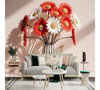Custom Size Wall Sticker Mural， Red and White Daisies in Vase with Soft Shadows， for wall Decoration， peelandstick wall Decals.