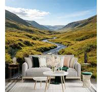Custom Size Wall Sticker Mural， Rolling Green Highland Hills， Winding Mountain River， Sunny Valley Landscape， Peaceful Nature Scenery， for wall Decoration， peelandstick wall Decals.