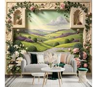 Custom Size Wall Sticker Mural， Rolling Green Hills with Blooming Rose Frames， Pastoral Landscape View， Serene Garden Scene， for wall Decoration， peelandstick wall Decals.