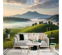 Custom Size Wall Sticker Mural， Rolling Green Terraced Fields， Misty Mountain Landscape， Scenic Nature View， Peaceful Farmhouse Setting， for wall Decoration， peelandstick wall Decals.