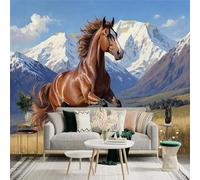Custom Size Wall Sticker Mural， Running Horse with SnowCapped Mountains and Fields， for wall Decoration， peelandstick wall Decals.