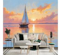 Custom Size Wall Sticker Mural， Sailboat at Sunset， Coastal Scenery， Water Reflection， for wall Decoration， peelandstick wall Decals.