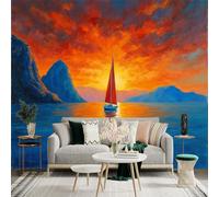 Custom Size Wall Sticker Mural， Sailboat at Sunset， Red Sky Over Ocean， Mountain Landscape View， Oil Painting Style， for wall Decoration， peelandstick wall Decals.