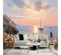 Custom Size Wall Sticker Mural， Sailboat on the Ocean， Coastal Scenery with Flowers， for wall Decoration， peelandstick wall Decals.