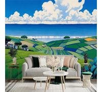 Custom Size Wall Sticker Mural， Scenic Coastal Farmhouse， Rolling Green Fields， Ocean Horizon View， Summer Landscape Scenery， for wall Decoration， peelandstick wall Decals.