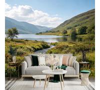 Custom Size Wall Sticker Mural， Scenic Highland Landscape， Flowing River， Tranquil Lake and Rolling Green Hills， for wall Decoration， peelandstick wall Decals.