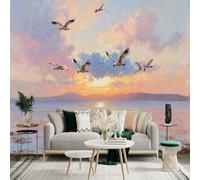 Custom Size Wall Sticker Mural， Seagulls Flying Over a Calm Sea at Sunset， for wall Decoration， peelandstick wall Decals.