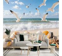 Custom Size Wall Sticker Mural， Seagulls Flying Over Beach with Seashells and Starfish， for wall Decoration， peelandstick wall Decals.