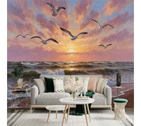 Custom Size Wall Sticker Mural， Seagulls Flying Over Ocean Sunset Waves， for wall Decoration， peelandstick wall Decals.