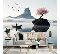 Custom Size Wall Sticker Mural，Serene Lake Boatman Cherry Blossom Tree Mountain Flock of Birds，Removable SelfAdhesive Wall Fabric Large Photo Wallpaper for Living Room Bedroom