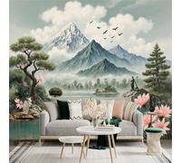 Custom Size Wall Sticker Mural，Serene Mountain Lake Landscape with Cherry Blossoms and Traditional Figure，Removable SelfAdhesive Wall Fabric Large Photo Wallpaper for Living Room Bedroom