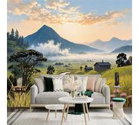 Custom Size Wall Sticker Mural，Serene Mountain Landscape River Village House，Removable SelfAdhesive Wall Fabric Large Photo Wallpaper for Living Room Bedroom