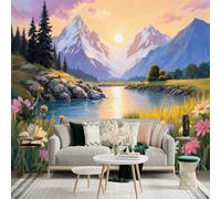 Custom Size Wall Sticker Mural， Serene Mountain Landscape with Waterfall and Wildflowers， for wall Decoration， peelandstick wall Decals.