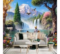 Custom Size Wall Sticker Mural， Serene Mountain Waterfall Landscape with Swan and Boat， for wall Decoration， peelandstick wall Decals.