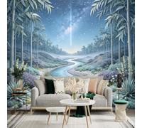Custom Size Wall Sticker Mural， Serene River Landscape， Ethereal Forest Scenery， Glowing Night Sky， for wall Decoration， peelandstick wall Decals.