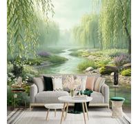 Custom Size Wall Sticker Mural， Serene Riverbank with Weeping Willow Trees， Lush Nature Landscape， Peaceful Stream Scene， for wall Decoration， peelandstick wall Decals.