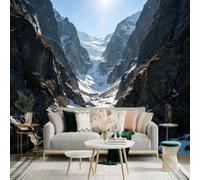 Custom Size Wall Sticker Mural， Snow Capped Mountain Peaks， Glacial River Valley， Majestic Alpine Scenery， Sunlight Over Frozen Stream， for wall Decoration， peelandstick wall Decals.