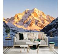 Custom Size Wall Sticker Mural， Snow Capped Mountain Peaks， Golden Morning Sunlight， Frozen Lake Reflection， Nature Scenery， for wall Decoration， peelandstick wall Decals.