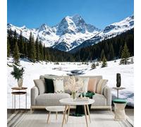 Custom Size Wall Sticker Mural， Snow Capped Mountain Peaks， Winter Forest Landscape， Frozen River Stream， for wall Decoration， peelandstick wall Decals.