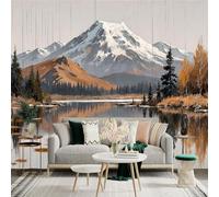 Custom Size Wall Sticker Mural， SnowCapped Mountains， Autumn Trees， and Lake Reflection， SelfAdhesive Wall Art Decor for Office