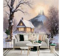Custom Size Wall Sticker Mural， Snowy Cabin by the River， Winter Forest Landscape， Warm Light Cottage， Serene Nature Scene， for wall Decoration， peelandstick wall Decals.