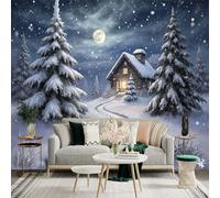 Custom Size Wall Sticker Mural， Snowy Cabin， Moonlit Night， Snowing， Winter Forest， for wall Decoration， peelandstick wall Decals.
