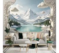 Custom Size Wall Sticker Mural， Snowy Mountain Peak， Serene Alpine Lake， Floating Clouds， Elegant White Floral Frame， for wall Decoration， peelandstick wall Decals.