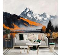 Custom Size Wall Sticker Mural， Snowy Mountains with Orange Forest and Lake Reflection， SelfAdhesive Wall Art Decor for Office