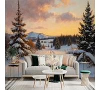 Custom Size Wall Sticker Mural， Snowy Winter Landscape， Pine Trees Under Sunset Sky， Serene Mountain Path， for wall Decoration， peelandstick wall Decals.