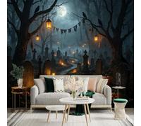 Custom Size Wall Sticker Mural， Spooky Cemetery with Glowing Pumpkins， Dark Forest Moonlit Path， Foggy Night Scenery， for wall Decoration， peelandstick wall Decals.