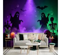 Custom Size Wall Sticker Mural， Spooky Halloween Night， Glowing Ghost and Skull， Atmospheric Candles， Dark Holiday Background， for wall Decoration， peelandstick wall Decals.