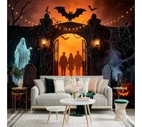 Custom Size Wall Sticker Mural， Spooky Halloween Night， Glowing Jacko'lanterns， Mysterious Cemetery Gate， Ghostly Silhouette， for wall Decoration， peelandstick wall Decals.
