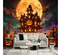 Custom Size Wall Sticker Mural， Spooky Haunted Mansion， Giant Full Moon， Glowing Jacko'Lanterns， Black Cats， for wall Decoration， peelandstick wall Decals.