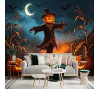 Custom Size Wall Sticker Mural， Spooky Pumpkin Scarecrow， Halloween Cornfield Night， Glowing Jackolanterns， Bats Under Crescent Moon， for wall Decoration， peelandstick wall Decals.