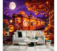 Custom Size Wall Sticker Mural， Spooky Pumpkin Train， Ghost and Black Cat， Full Moon Night， Festive Harvest Decor， for wall Decoration， peelandstick wall Decals.