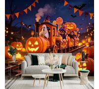 Custom Size Wall Sticker Mural， Spooky Pumpkin Train， Ghost Conductor， Festive Holiday Atmosphere， Vibrant Jack O Lanterns， for wall Decoration， peelandstick wall Decals.