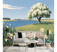 Custom Size Wall Sticker Mural， Spring Landscape with Blooming Daffodils， Large White Flowered Tree by Lakeside， Serene Meadow Scenery， for wall Decoration， peelandstick wall Decals.