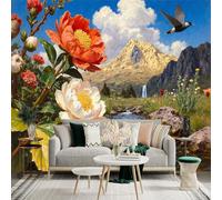 Custom Size Wall Sticker Mural，Spring Mountain Waterfall Flowers Bees Flying Birds，Removable SelfAdhesive Wall Fabric Large Photo Wallpaper for Living Room Bedroom