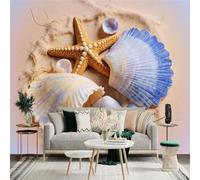 Custom Size Wall Sticker Mural， Starfish and Seashells on Sandy Beach with Ocean Elements， for wall Decoration， peelandstick wall Decals.