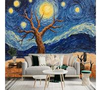 Custom Size Wall Sticker Mural， Starry Night with Lone Tree and Mountain Landscape， for wall Decoration， peelandstick wall Decals.