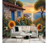 Custom Size Wall Sticker Mural， Stone Cottage with Blue Door， Sunflowers and Ocean Sunset， for wall Decoration， peelandstick wall Decals.