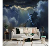Custom Size Wall Sticker Mural， Stormy Sky with Lightning Over Mountains and Clouds， for wall Decoration， peelandstick wall Decals.