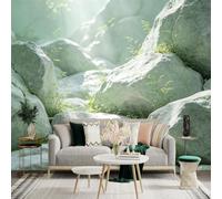 Custom Size Wall Sticker Mural， Sunlit Natural Rocks， Mossy Stone Landscape， Serene Forest Ground， Green Botanical Scenery， for wall Decoration， peelandstick wall Decals.